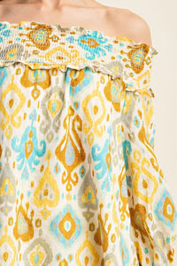 Yellow Printed Smocked Off The Shoulder Blouse