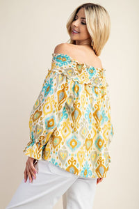 Yellow Printed Smocked Off The Shoulder Blouse