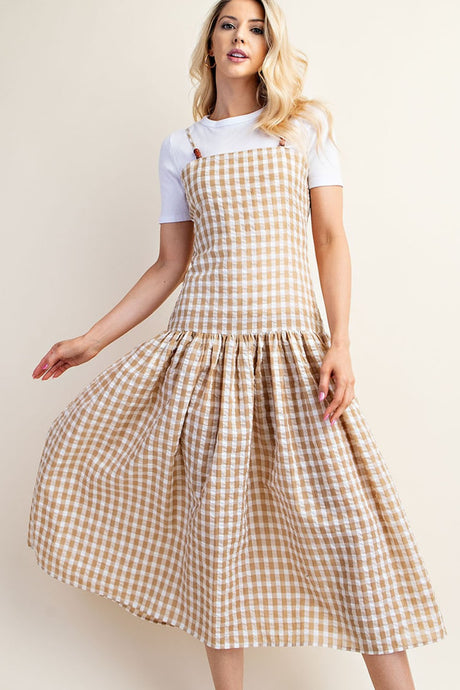 Beige Gingham Print Midi Dress