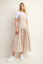 Beige Gingham Print Midi Dress