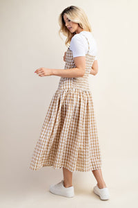 Beige Gingham Print Midi Dress