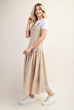 Beige Gingham Print Midi Dress