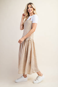 Beige Gingham Print Midi Dress