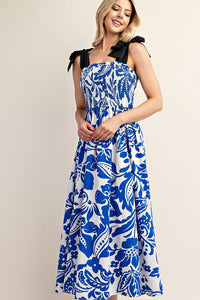 Blue Printed Midi Dress With Smocked Top