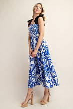 Blue Printed Midi Dress With Smocked Top