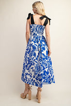 Blue Printed Midi Dress With Smocked Top