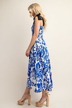 Blue Printed Midi Dress With Smocked Top