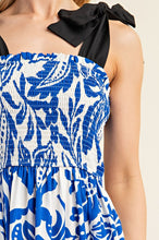 Blue Printed Midi Dress With Smocked Top