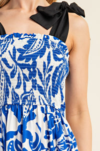 Blue Printed Midi Dress With Smocked Top