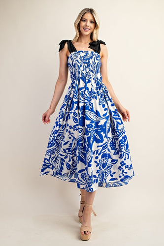 Blue Printed Midi Dress With Smocked Top