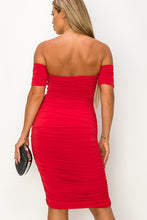Red Radiant Off The Shoulder Ruched Midi Dress