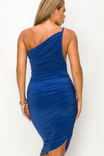 Royal Blue One Shoulder Ruched Midi Dress