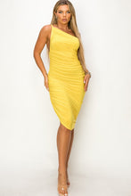 Yellow One Shoulder Ruched Midi Dress