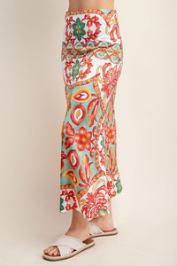 Green Colorful Printed Satin Midi Skirt