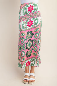 Fuchsia Colorful Printed Satin Midi Skirt