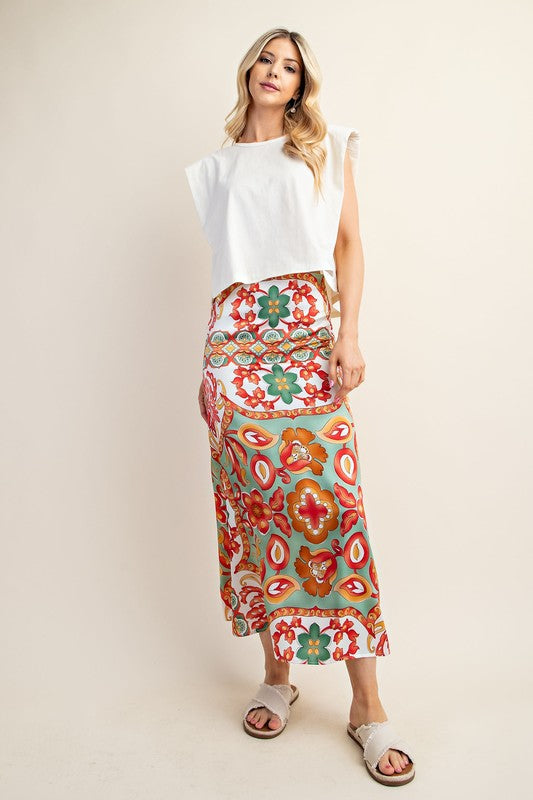 Green Colorful Printed Satin Midi Skirt