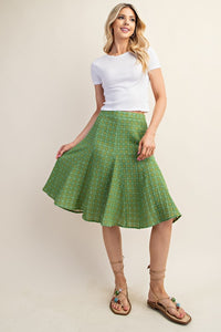 Apple Green Flared Midi Skirt in a Check Print