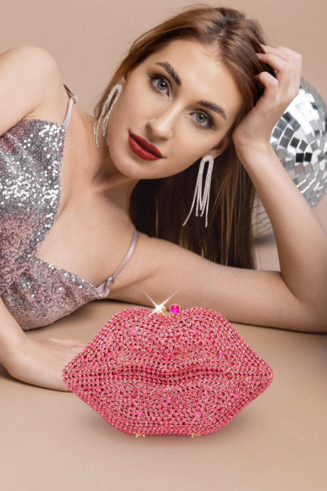 Rosered Crystal Rhinestone Lips Clutch Bag