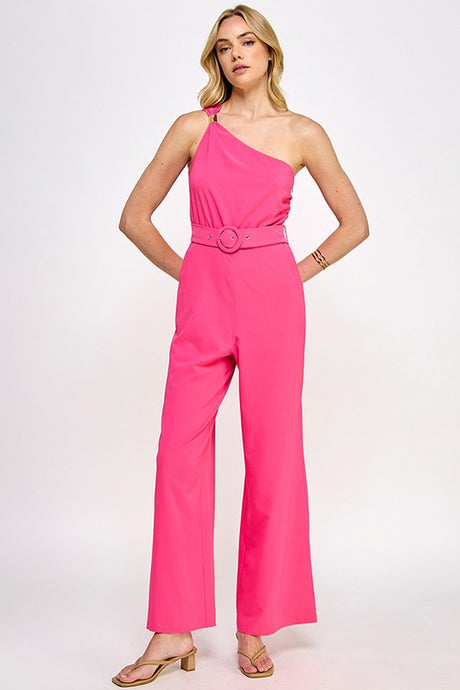 Pink One Shoulder Trim Detail Jumpsuit With Belt