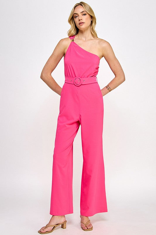 Pink One Shoulder Trim Detail Jumpsuit With Belt