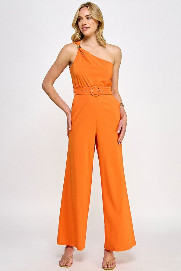 Orange One Shoulder Trim Detail Jumpsuit With Belt