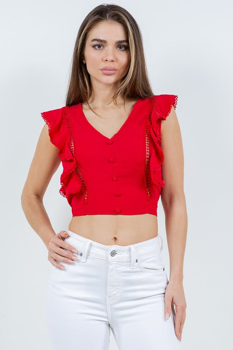 Red Blouse With Ruffle And Crochet Details