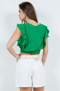 Green Blouse With Ruffle And Crochet Details