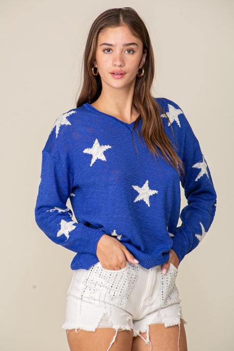 Royal/White Americana Star Print Oversized Sweater