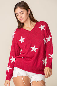 Deep Red/White Americana Star Print Oversized Sweater
