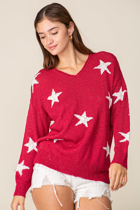 Deep Red/White Americana Star Print Oversized Sweater