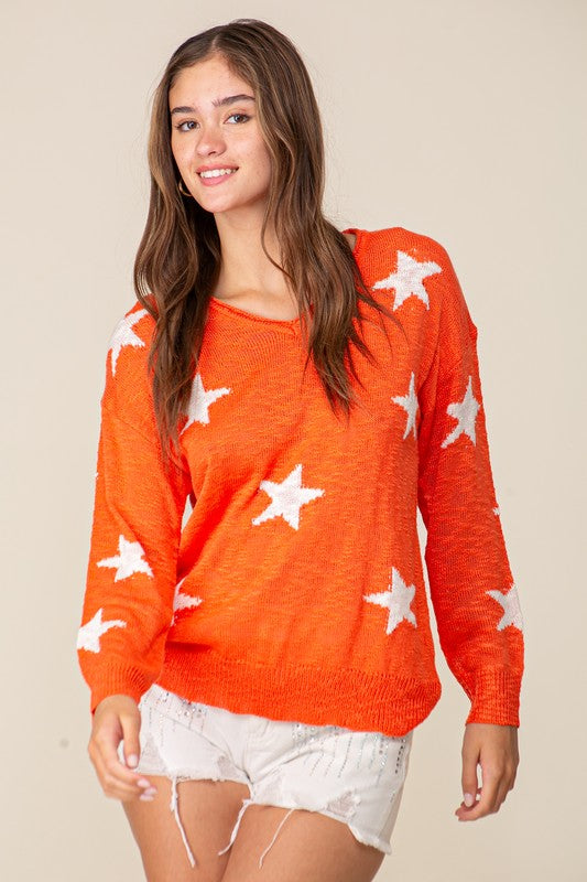 Orange/White Americana Star Print Oversized Sweater