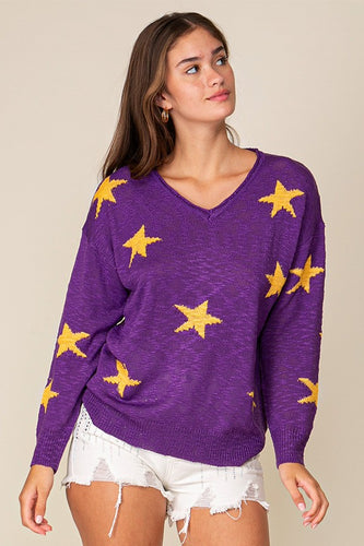 Purple/Yellow Americana Star Print Oversized Sweater