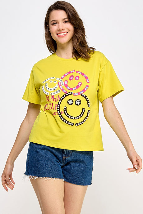 Yellow Rhinestone Detail Graphic T Shirt