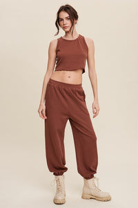 Chestnut Ribbed Crop Top And Jogger Pants Knit Sets