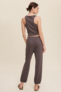 Charcoal Ribbed Crop Top And Jogger Pants Knit Sets