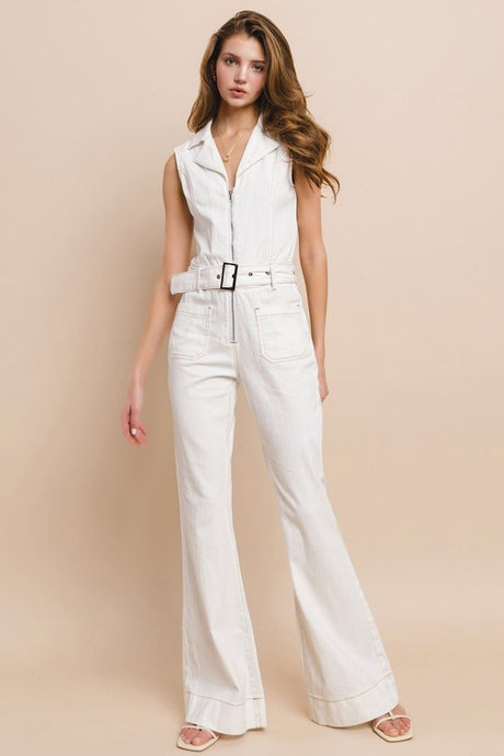 White Sleeveless Belted Long Denim Jumpsuit