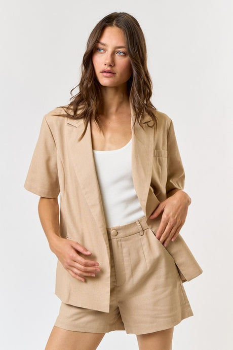 Taupe Linen Collared Short Sleeve Jacket And Short Set