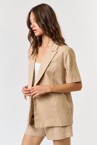 Taupe Linen Collared Short Sleeve Jacket And Short Set