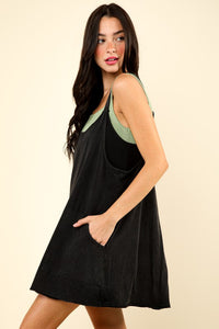 Black Deep V-Neck Comfy Knit Mini Dress W/ Shorts Inside