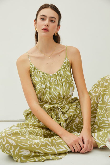 Lime Print Lightweight Tie Belt Wide Leg Cami Jumpsuit