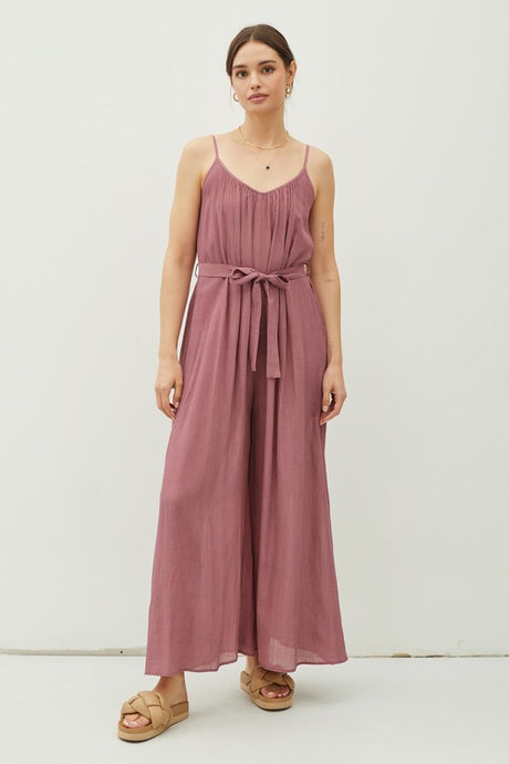 Raisin Lightweight Tie Belt Wide Leg Cami Jumpsuit