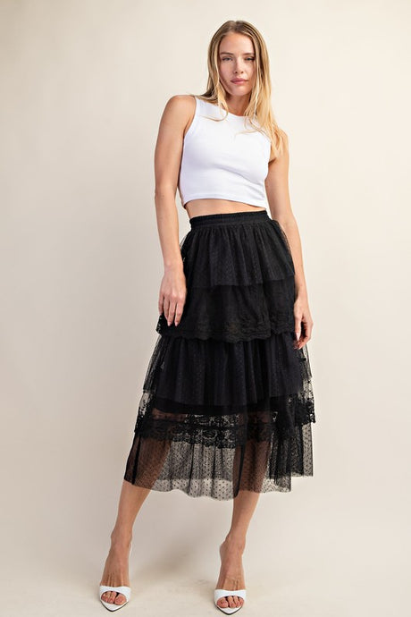 Black Ruffled Tulle Midi Skirt