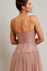 Mauve Strapless Sweetheart Bustier Illusion Top A Line Dress