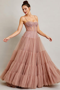 Mauve Strapless Sweetheart Bustier Illusion Top A Line Dress