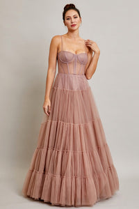 Mauve Strapless Sweetheart Bustier Illusion Top A Line Dress