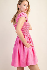 Pink Smocked Sleeveless Cotton Gauze Mini Dress