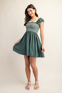 Emerald Green Smocked Sleeveless Cotton Gauze Mini Dress