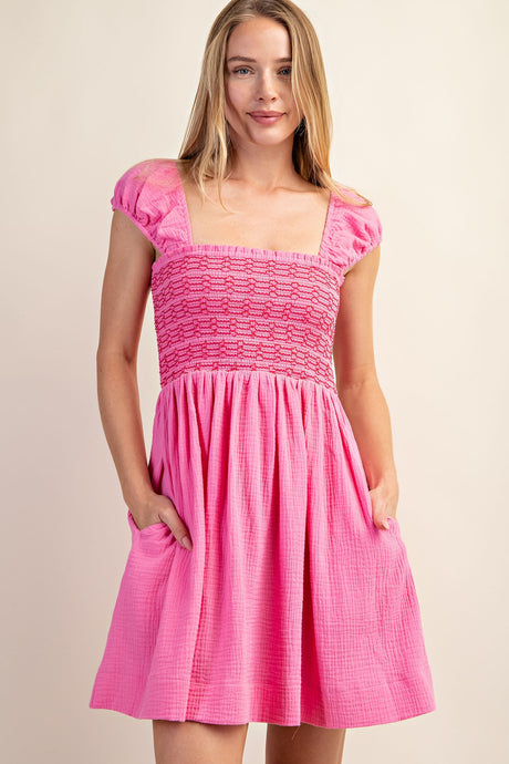 Pink Smocked Sleeveless Cotton Gauze Mini Dress