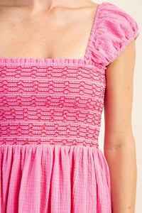 Pink Smocked Sleeveless Cotton Gauze Mini Dress