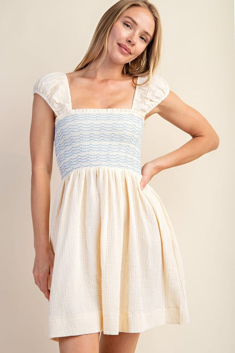 Ivory Smocked Sleeveless Cotton Gauze Mini Dress